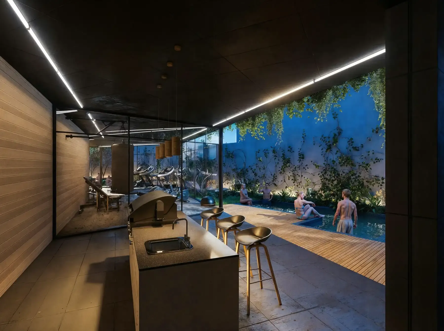 Salón social interior con barra y sofás, abierto a la piscina por un ventanal corrido.