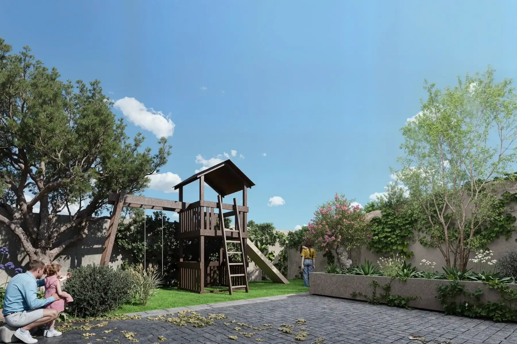 Zona de juegos infantiles con resbaladera de madera entre árboles.