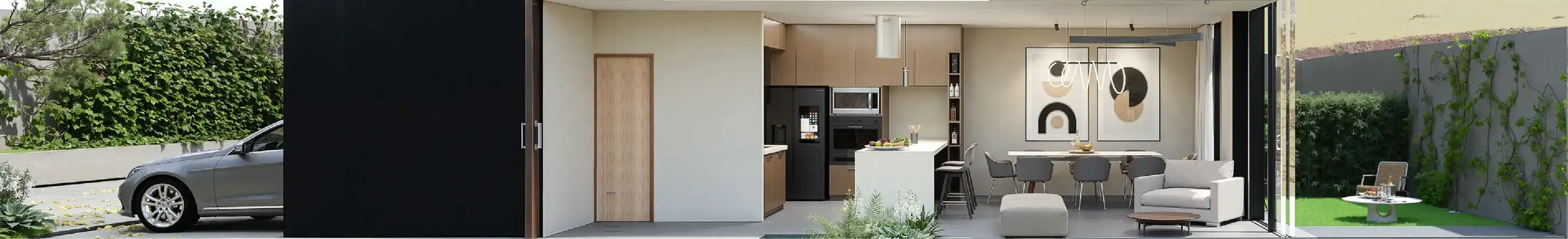 Sección longitudinal de la casa: la calle y el parqueadero, el acceso, la cocina, el comedor, la sala y el patio posterior, en continuidad.