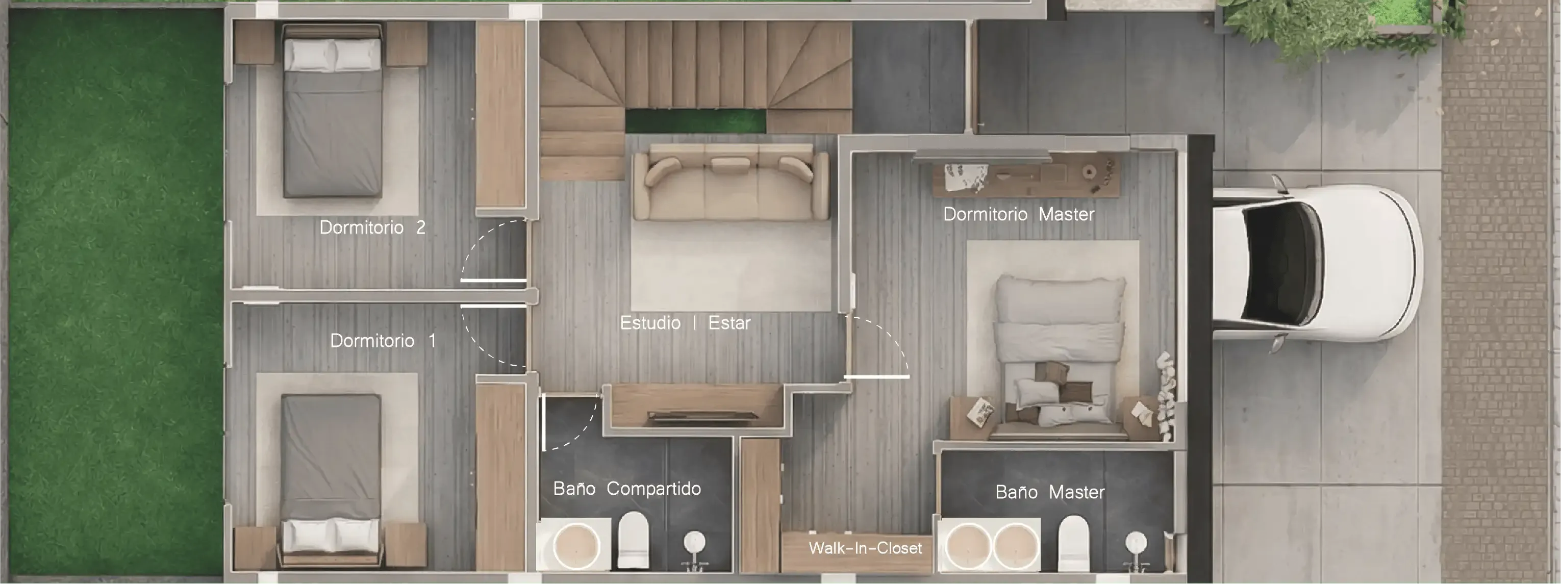 Planta alta acotada del modelo: dormitorio máster de 3,82 por 4,30 metros con walk-in closet y baño máster, dormitorios 1 y 2, baño compartido, y un estudio o estar de 3,35 por 3,55 metros junto a la escalera.