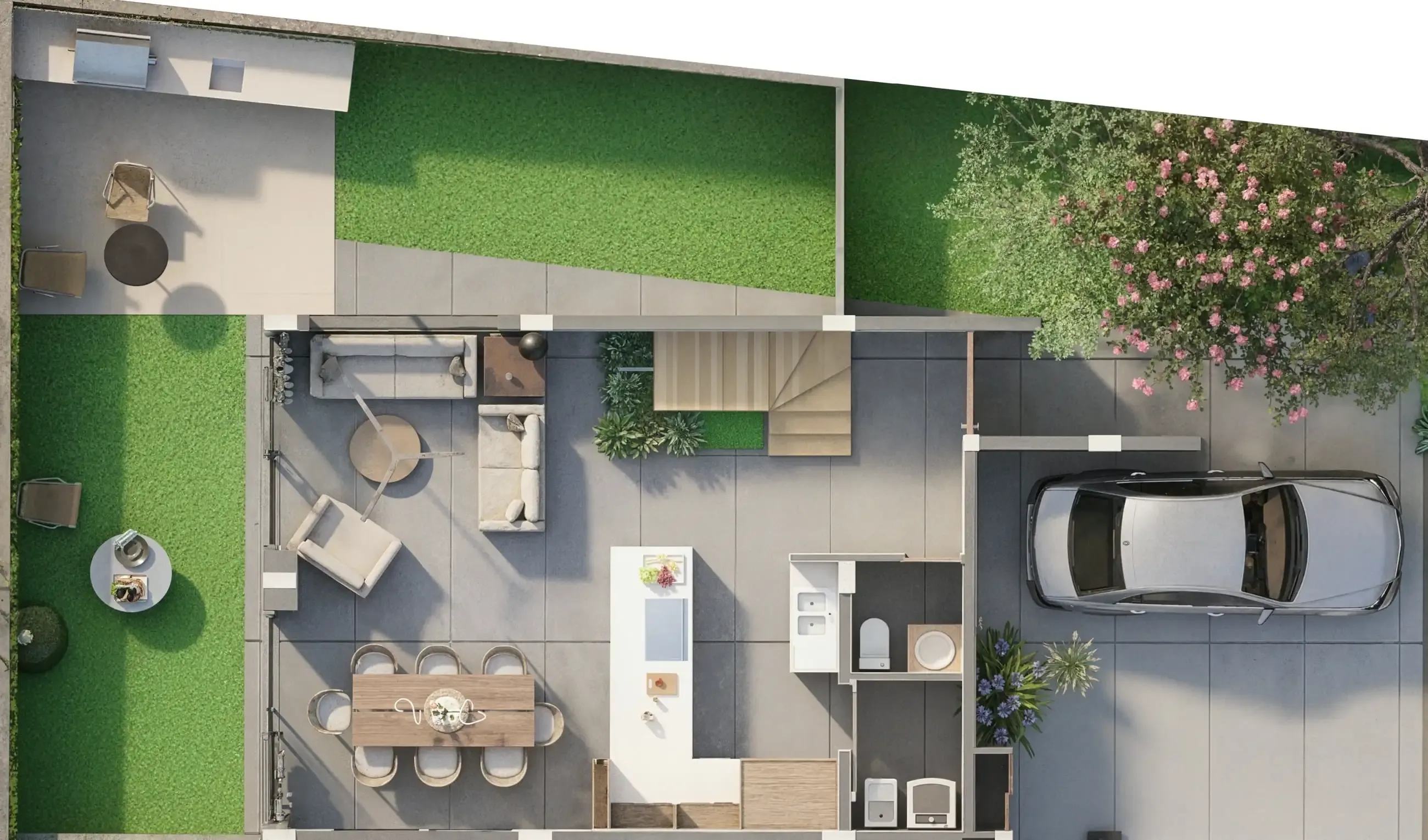 Planta baja en vista cenital: jardín posterior con pérgola, sala, comedor, cocina con isla, medio baño, escalera y parqueadero cubierto a la derecha.